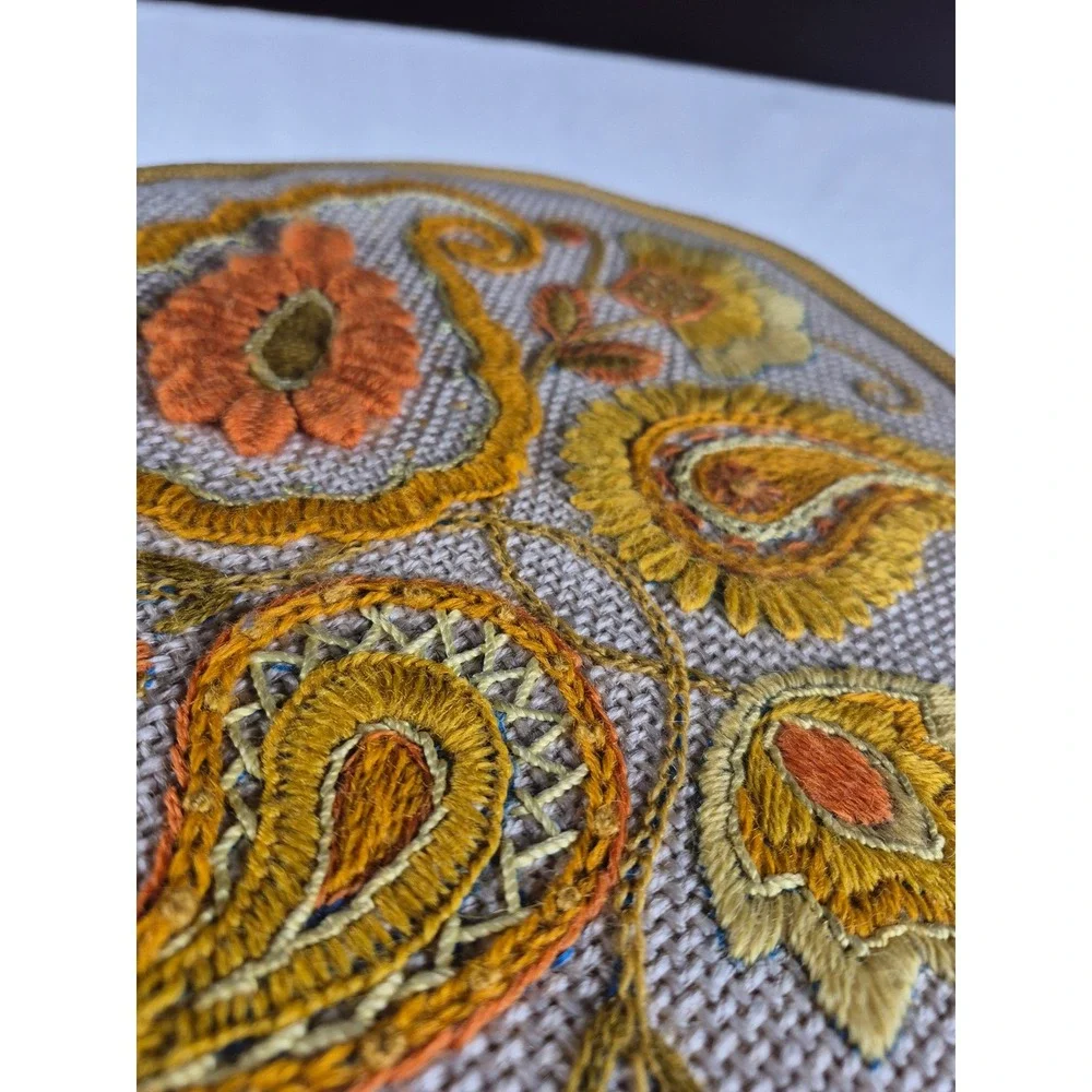 Vintage Crewel Embroidered Round Throw Pillow Boho Floral 70s‎ Cushion